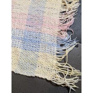 Handmade Plaid Knit Throw Blanket Fringe Pastel Blue Pink Baby Cottagecore Boho